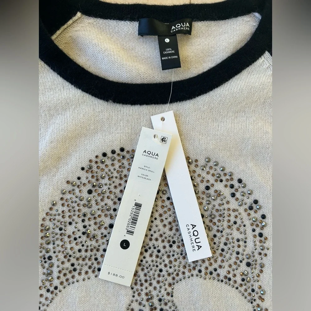 Aqua 100% Cashmere Embellished Skull Cashmere Baseball Style Sweater Large NWT